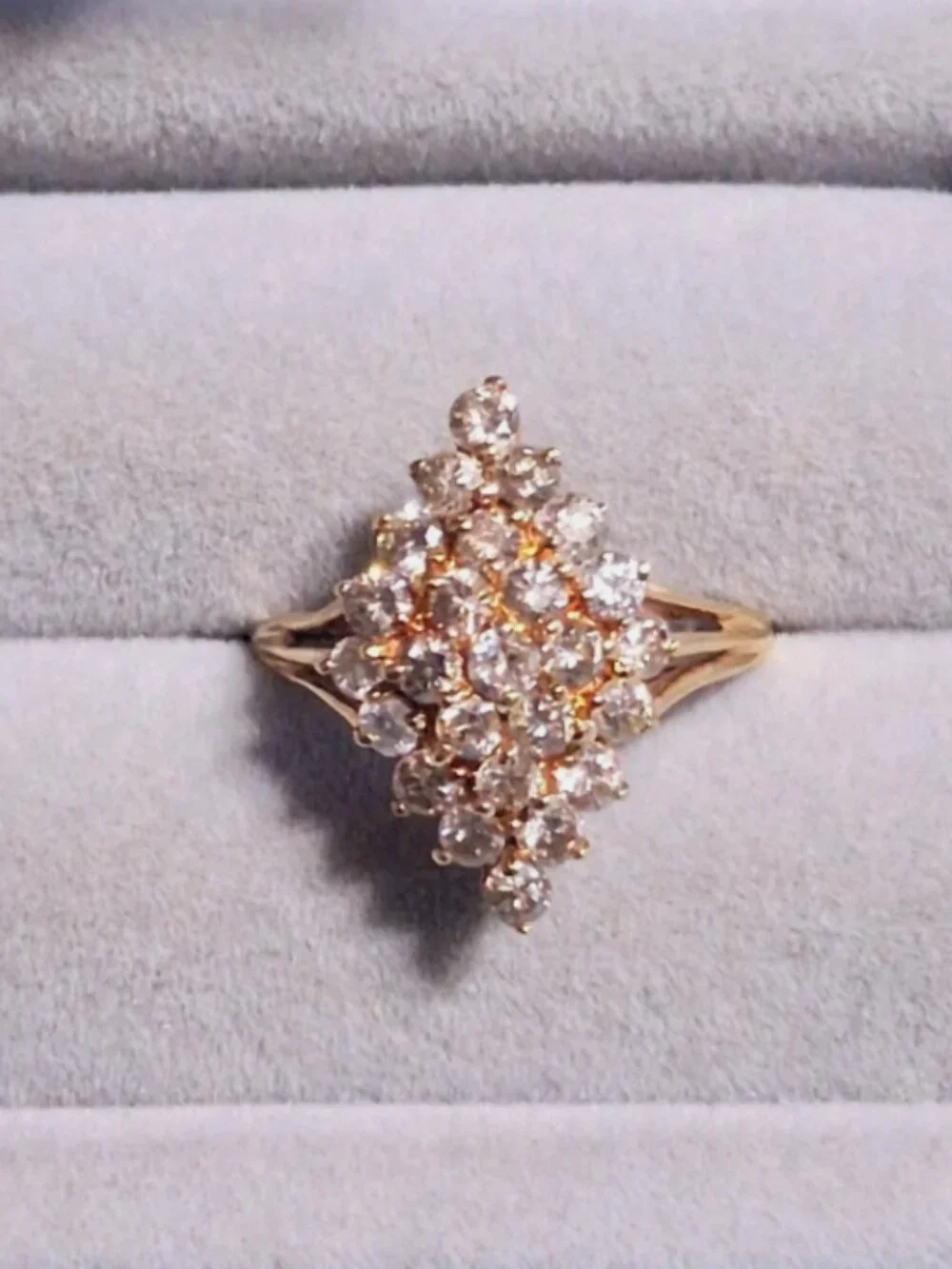 Vintage 14k Gold and Diamond Waterfall Cluster Cocktail Ring Size 5.75